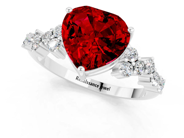Platinum Heart Cut Ruby Scattered Round Accent Ring with Prong Setting