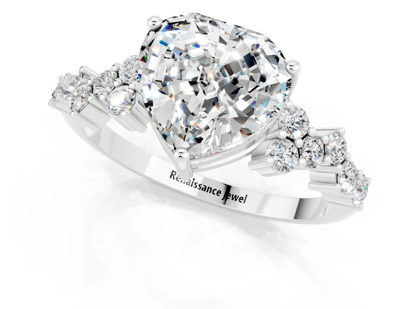 Silver Heart Cut Moissanite Scattered Round Accent Ring with Prong Setting