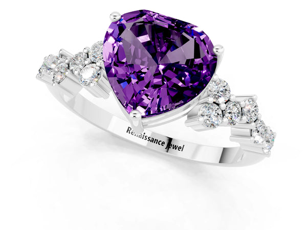 White gold Heart Cut Amethyst Scattered Round Accent Ring with Prong Setting