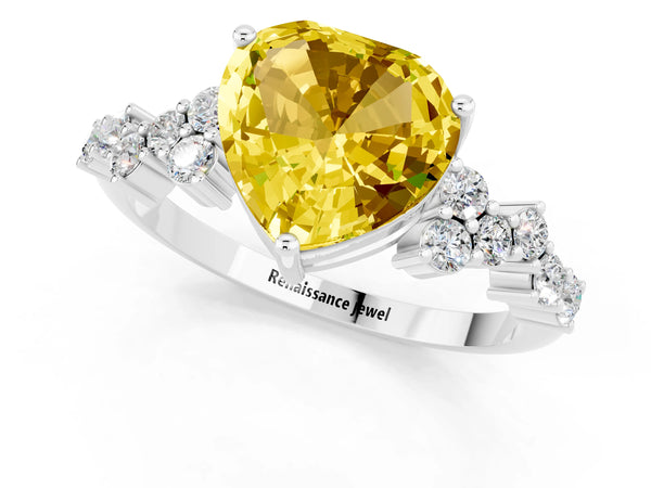 White gold Heart Cut Yellow Sapphire Scattered Round Accent Ring with Prong Setting