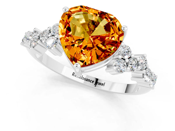 Silver Heart Cut Citrine Scattered Round Accent Ring with Prong Setting