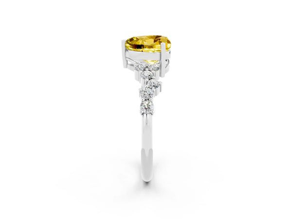 Silver Heart Cut Yellow Sapphire Scattered Round Accent Ring with Prong Setting