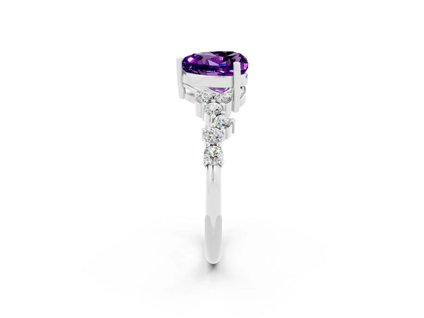 White gold Heart Cut Amethyst Scattered Round Accent Ring with Prong Setting