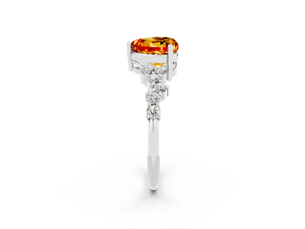 White gold Heart Cut Citrine Scattered Round Accent Ring with Prong Setting