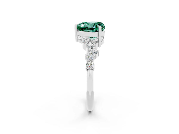 Silver Heart Cut Green Sapphire Scattered Round Accent Ring with Prong Setting