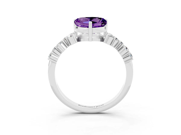 White gold Heart Cut Amethyst Scattered Round Accent Ring with Prong Setting