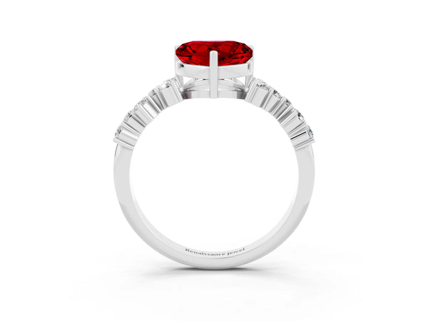 White gold Heart Cut Ruby Scattered Round Accent Ring with Prong Setting