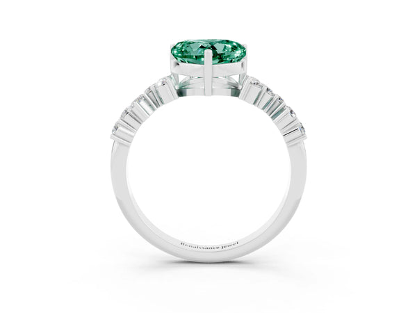 Platinum Heart Cut Green Sapphire Scattered Round Accent Ring with Prong Setting
