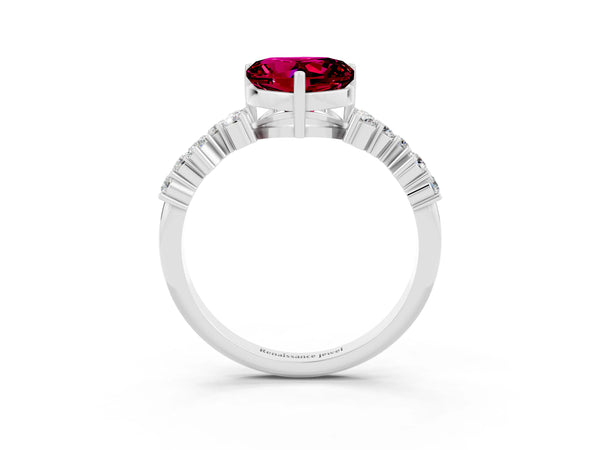 Silver Heart Cut Garnet Scattered Round Accent Ring with Prong Setting