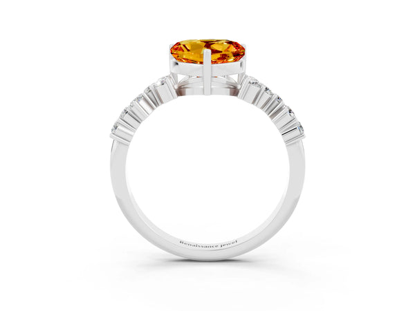 White gold Heart Cut Citrine Scattered Round Accent Ring with Prong Setting
