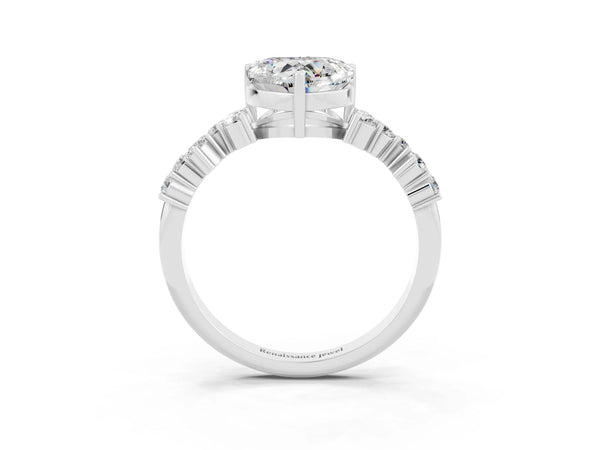 Silver Heart Cut Moissanite Scattered Round Accent Ring with Prong Setting