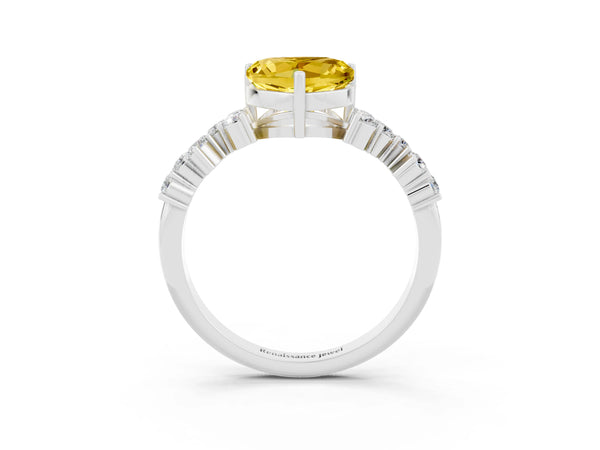 Platinum Heart Cut Yellow Sapphire Scattered Round Accent Ring with Prong Setting