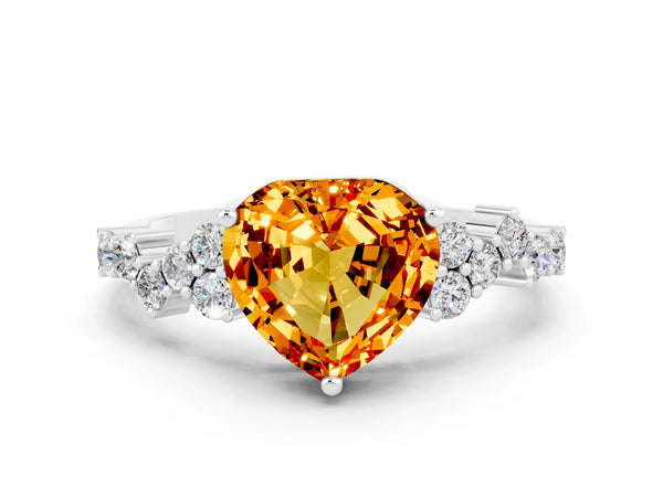 White gold Heart Cut Citrine Scattered Round Accent Ring with Prong Setting
