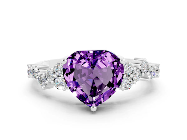 White gold Heart Cut Amethyst Scattered Round Accent Ring with Prong Setting