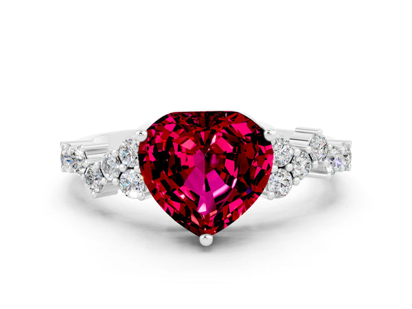 Silver Heart Cut Garnet Scattered Round Accent Ring with Prong Setting