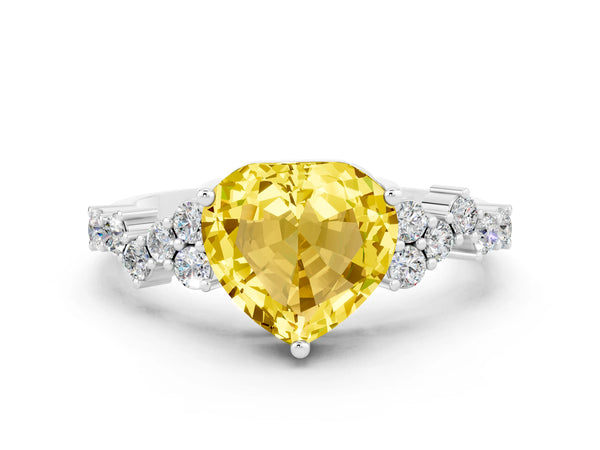 Platinum Heart Cut Yellow Sapphire Scattered Round Accent Ring with Prong Setting