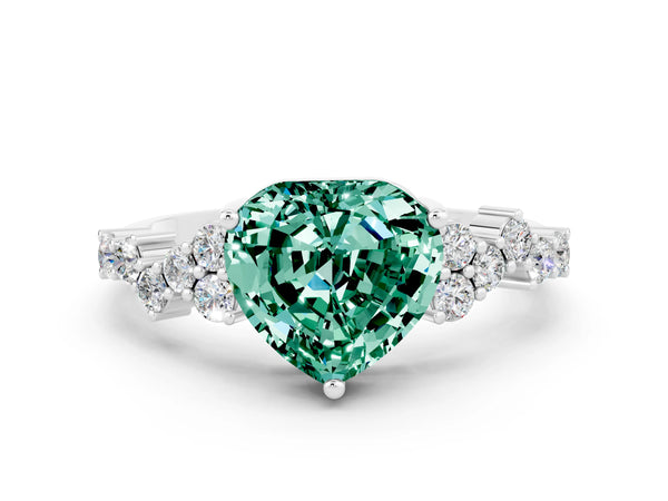 White gold Heart Cut Green Sapphire Scattered Round Accent Ring with Prong Setting