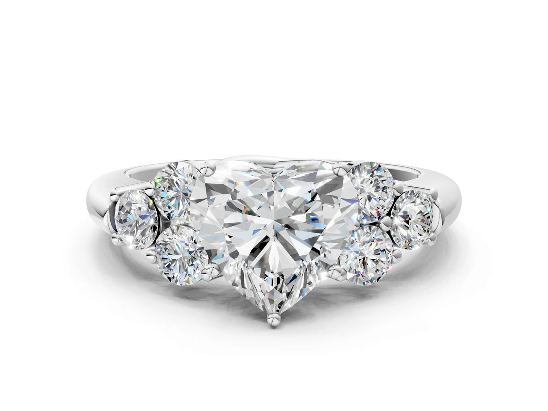 White gold Heart Cut Diamond Cluster Ring with Round Accent Stones and Prong Setting on a Classic Band_77