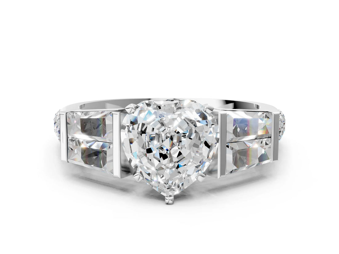 White gold Heart Cut Diamond Engagement Ring with Baguette Side Stones and Channel Set Band_20