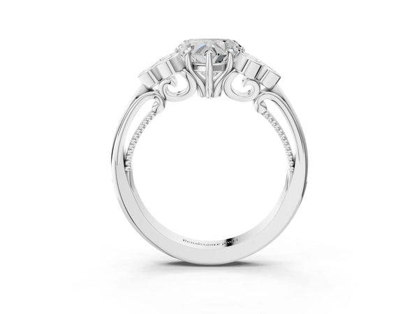 Platinum Heart Cut Diamond Engagement Ring with Bezel Set Round Side Stones and Prong Setting
