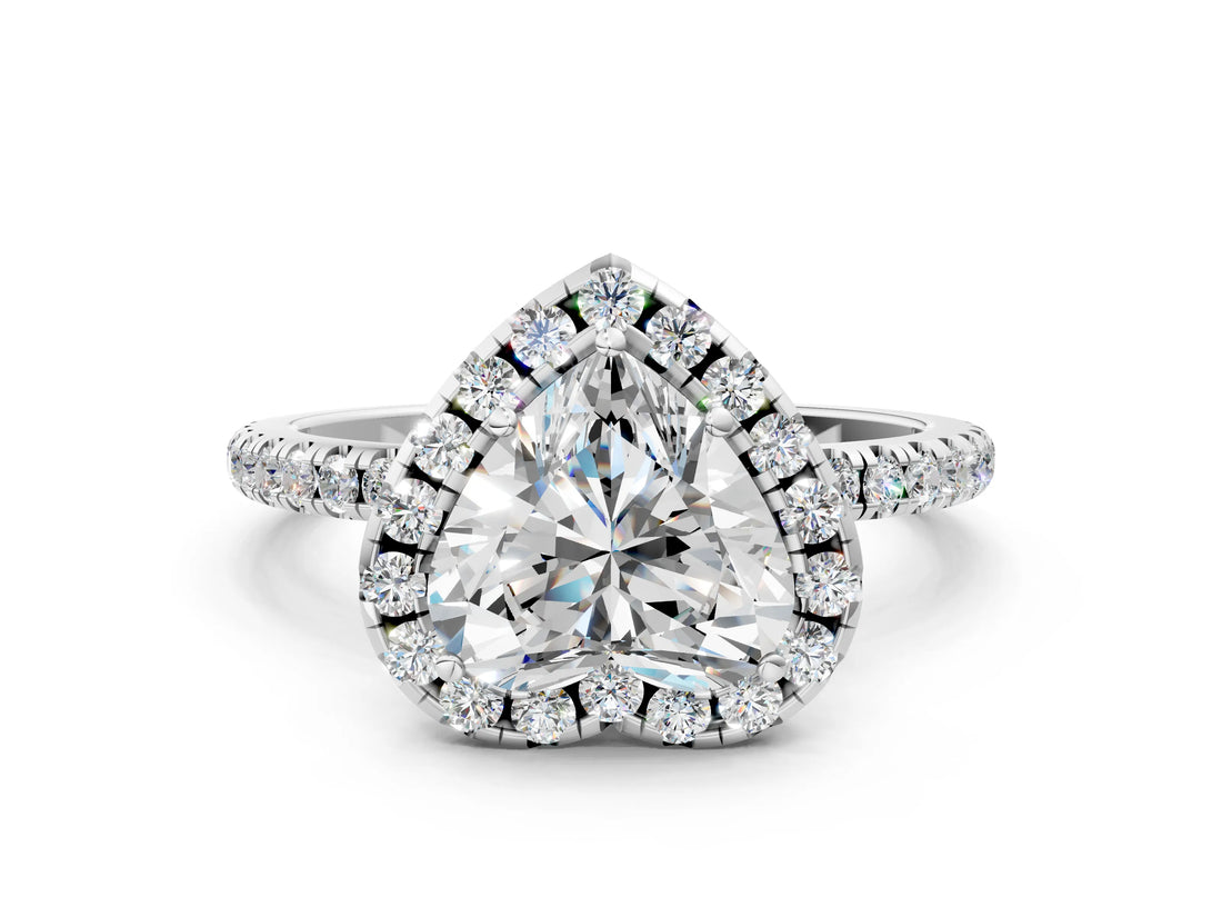 White gold Heart Cut Diamond Floral Halo Engagement Ring with Pavé Band and Prong Setting_56