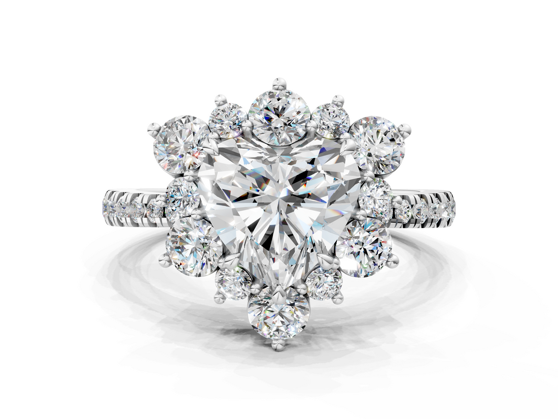 White gold Heart Cut Diamond Floral Halo Pave Band with Prong Setting_37