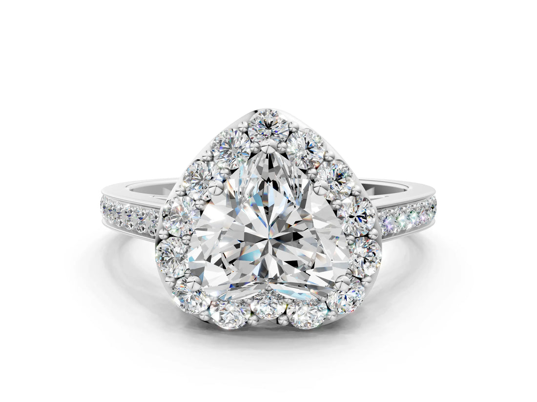 White gold Heart Cut Diamond Floral Halo Ring with Pavé Band and Prong Setting_10