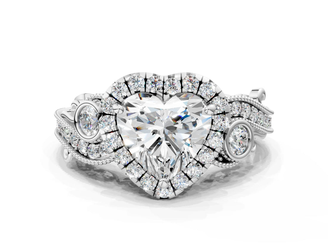 White gold Heart Cut Diamond Halo Ring with Milgrain Pavé Band and Four-Prong Setting_63