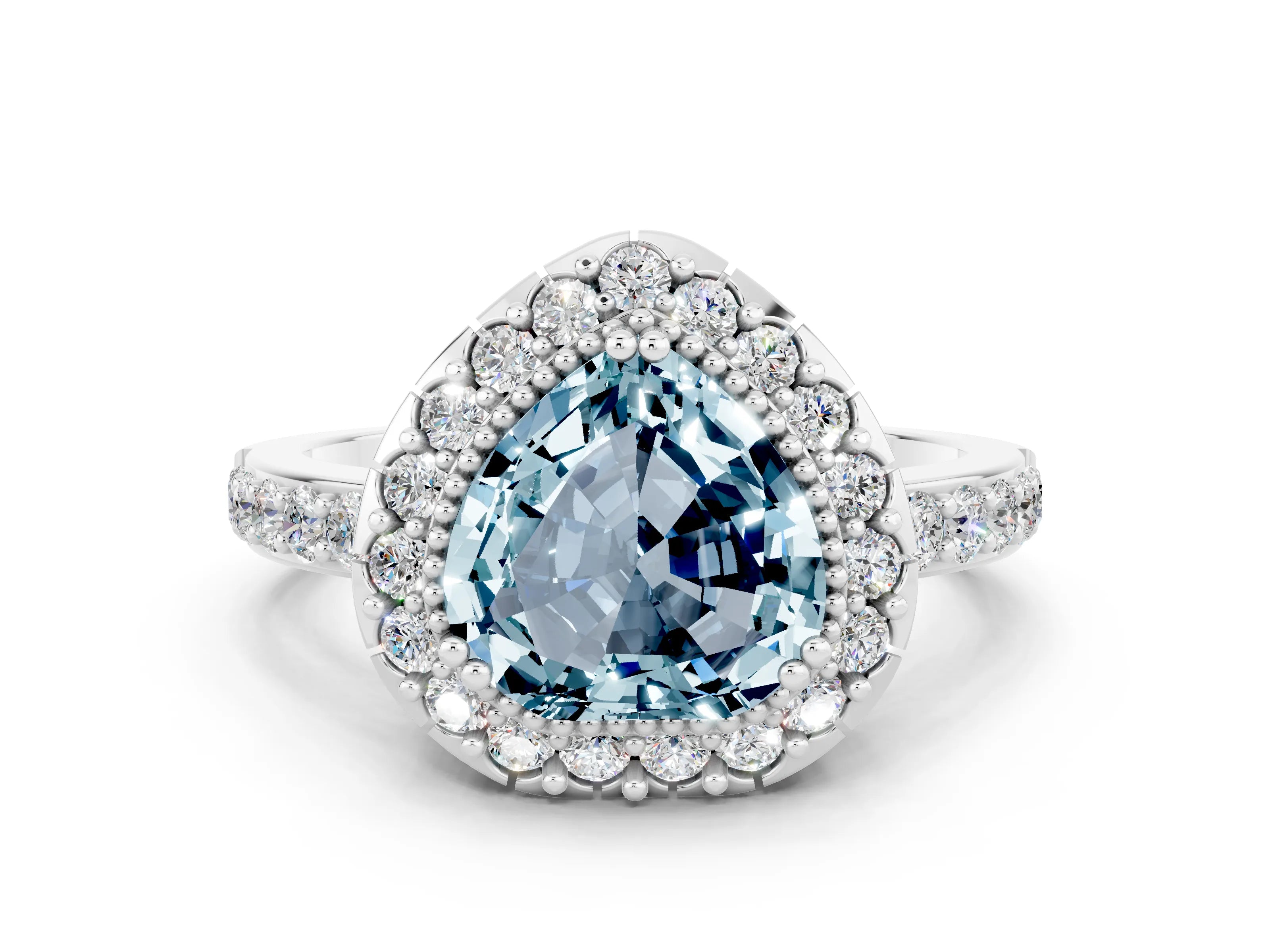 White gold Heart Cut Diamond Halo Ring with Pavé Band and Prong Setting