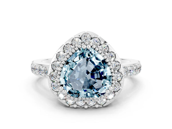 Platinum Heart Cut Aquamarine Halo Ring with Pavé Band and Prong Setting