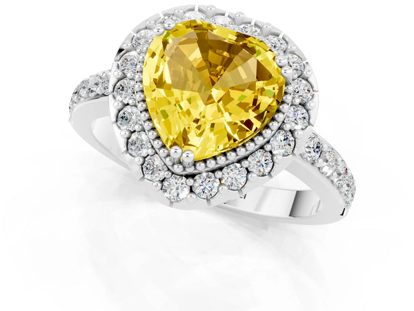 Platinum Heart Cut Yellow Sapphire Halo Ring with Pavé Band and Prong Setting