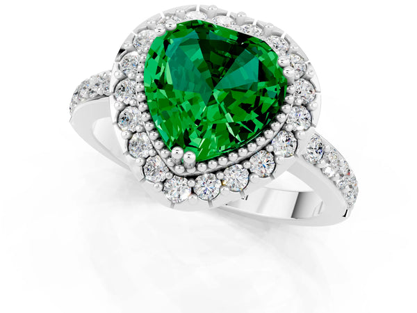 Platinum Heart Cut Emerald Halo Ring with Pavé Band and Prong Setting