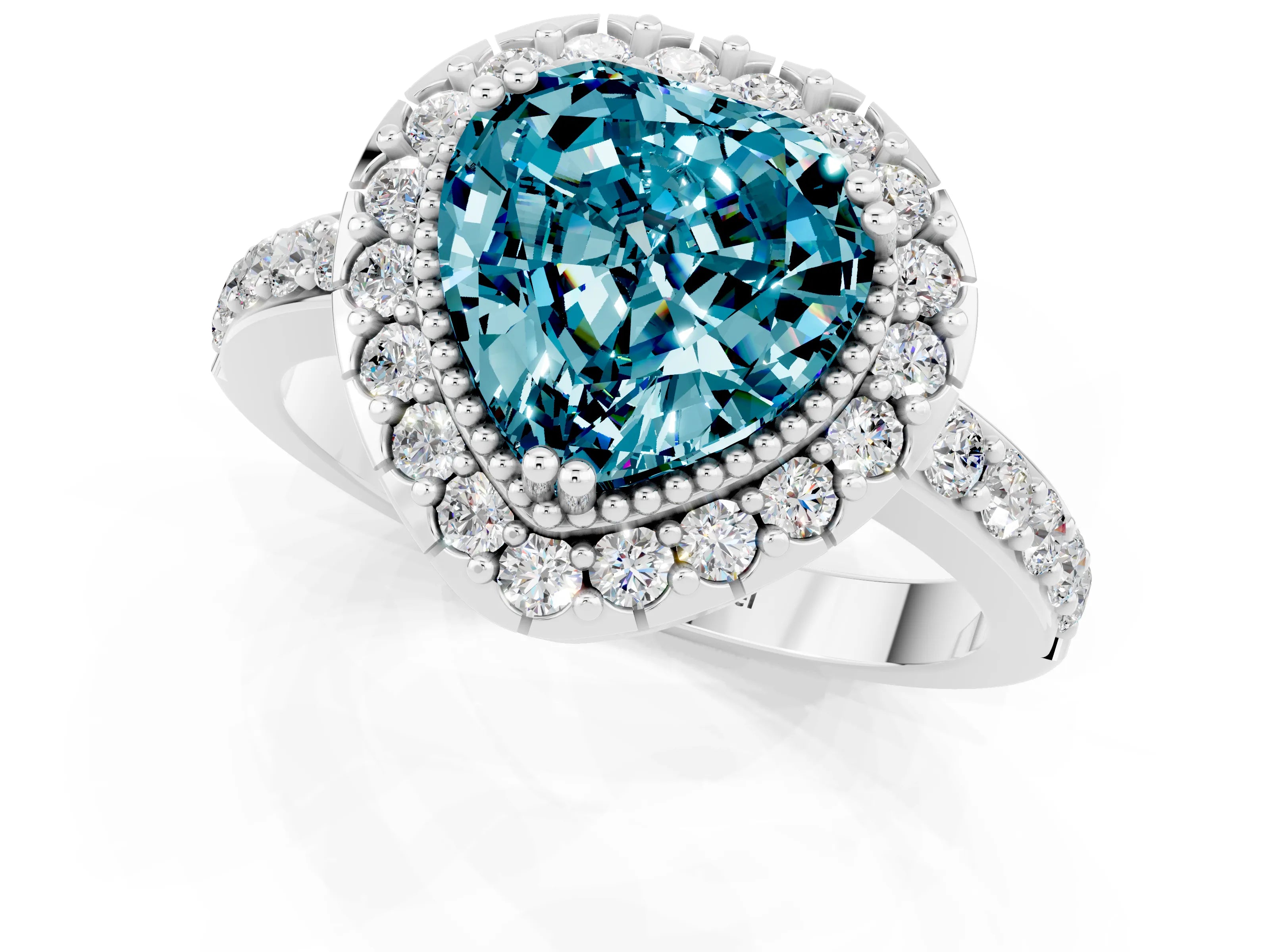 White gold Heart Cut Diamond Halo Ring with Pavé Band and Prong Setting_1