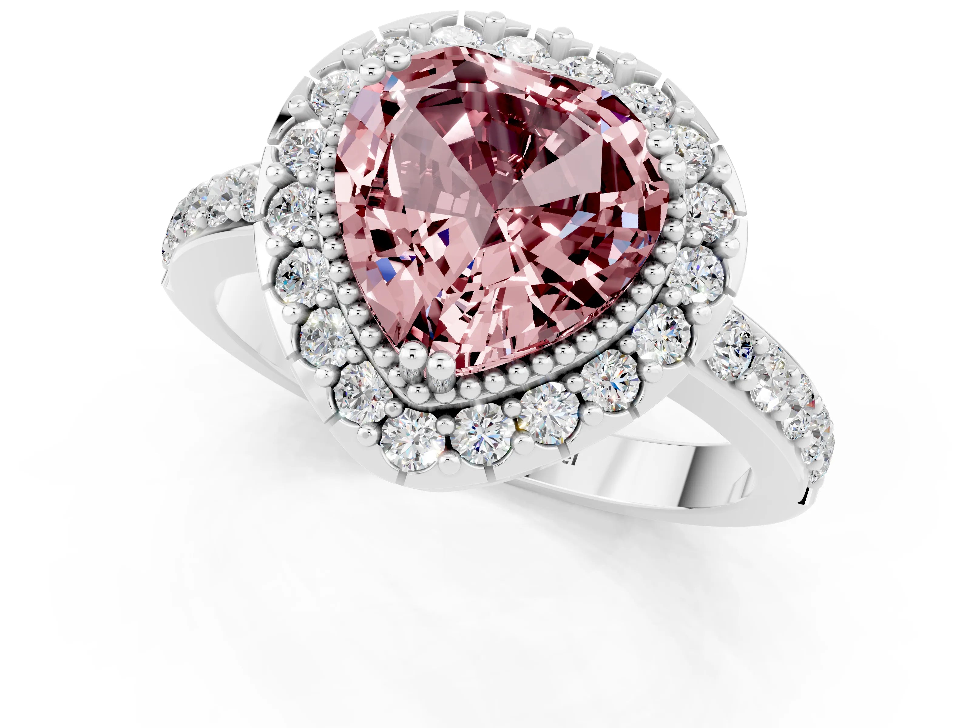 White gold Heart Cut Diamond Halo Ring with Pavé Band and Prong Setting_1
