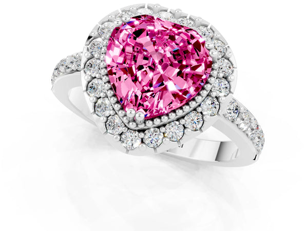 Silver Heart Cut Pink Sapphire Halo Ring with Pavé Band and Prong Setting