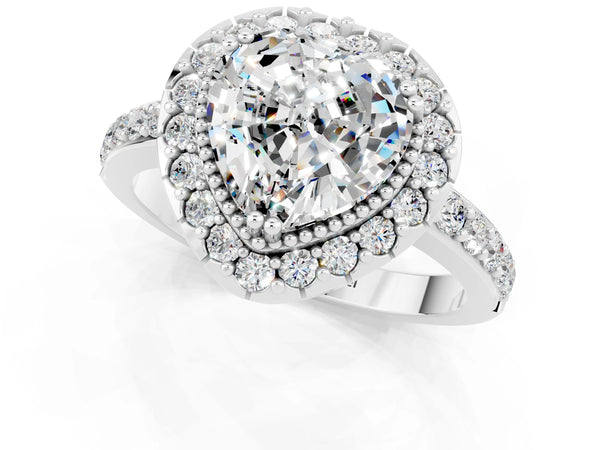 Platinum Heart Cut Moissanite Halo Ring with Pavé Band and Prong Setting