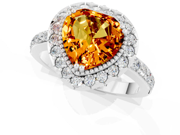 Silver Heart Cut Citrine Halo Ring with Pavé Band and Prong Setting