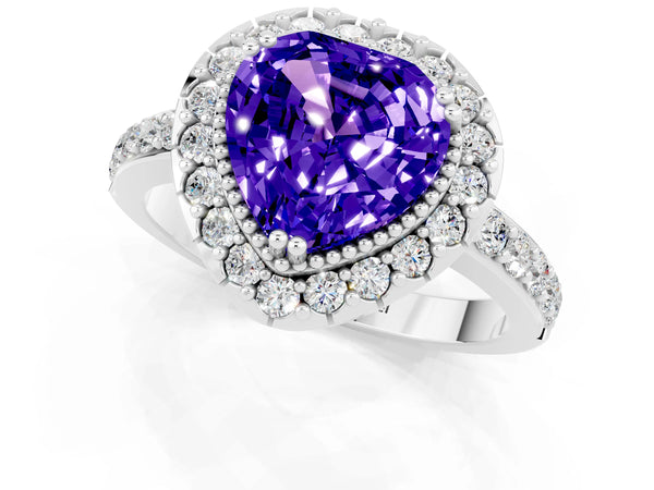 Platinum Heart Cut Tanzanite Halo Ring with Pavé Band and Prong Setting