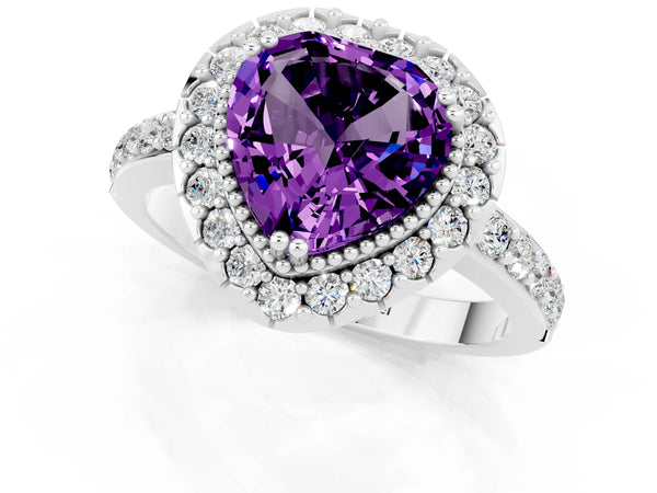 Silver Heart Cut Amethyst Halo Ring with Pavé Band and Prong Setting