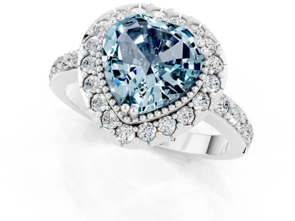 Platinum Heart Cut Aquamarine Halo Ring with Pavé Band and Prong Setting