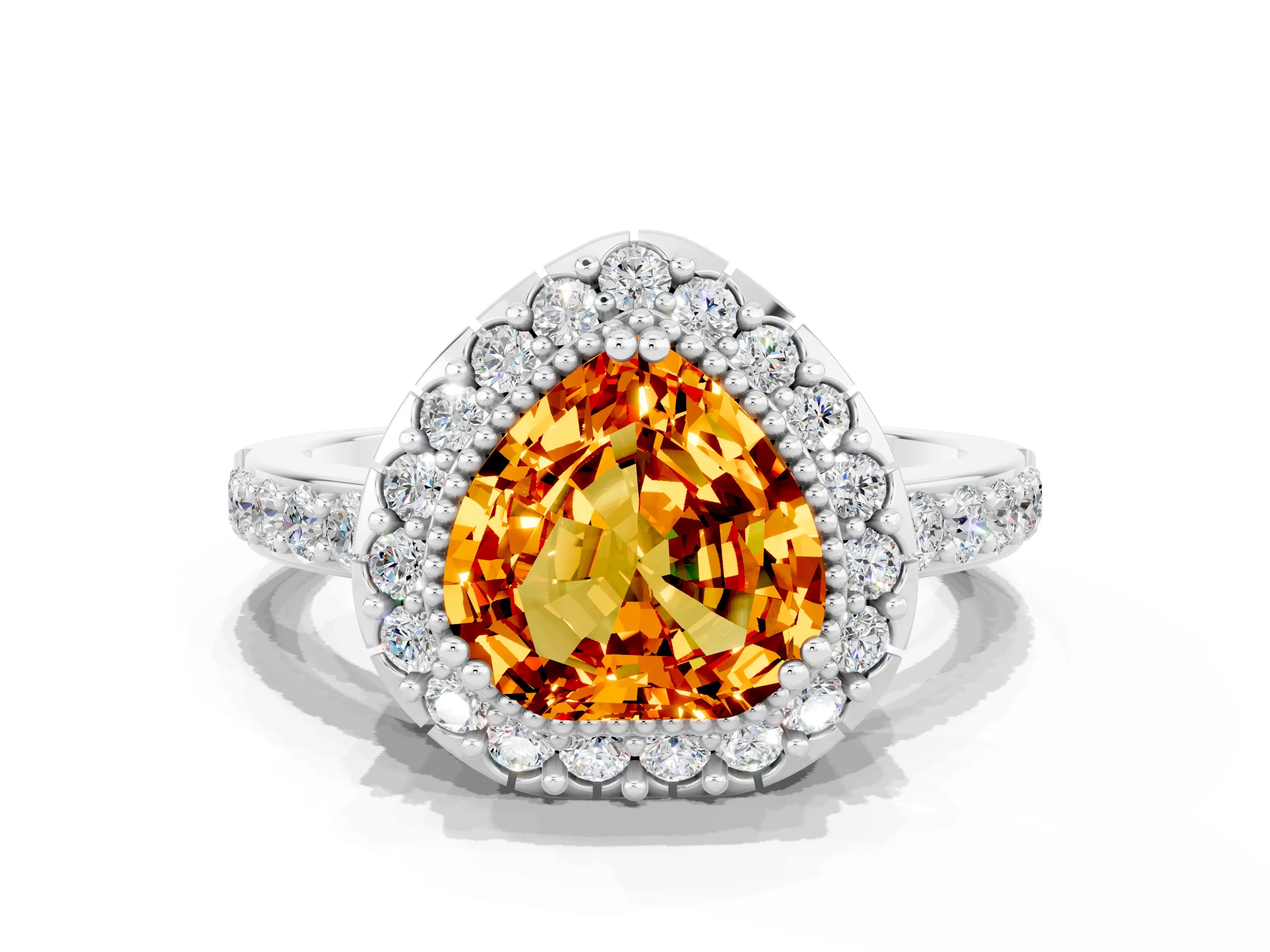 White gold Heart Cut Diamond Halo Ring with Pavé Band and Prong Setting