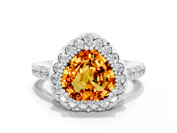 White gold Heart Cut Citrine Halo Ring with Pavé Band and Prong Setting