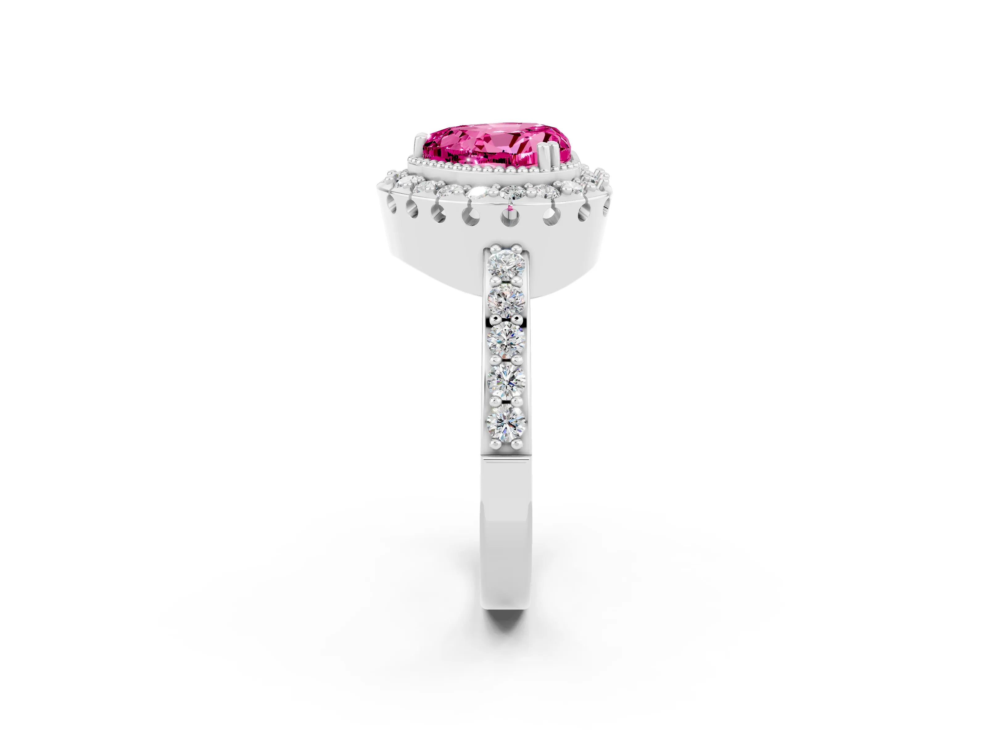 White gold Heart Cut Diamond Halo Ring with Pavé Band and Prong Setting_2