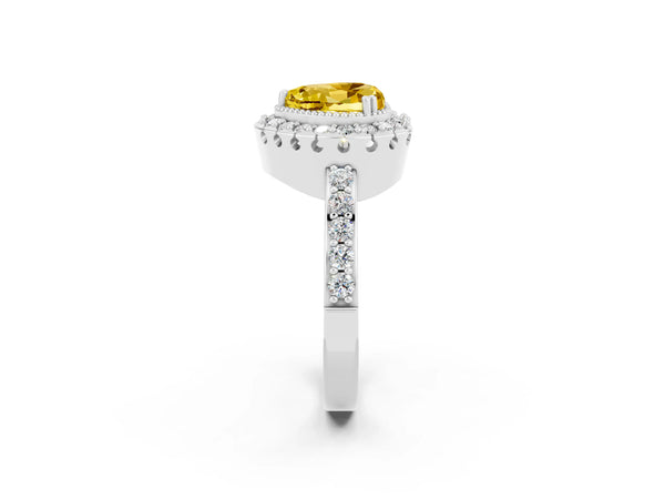 Platinum Heart Cut Yellow Sapphire Halo Ring with Pavé Band and Prong Setting