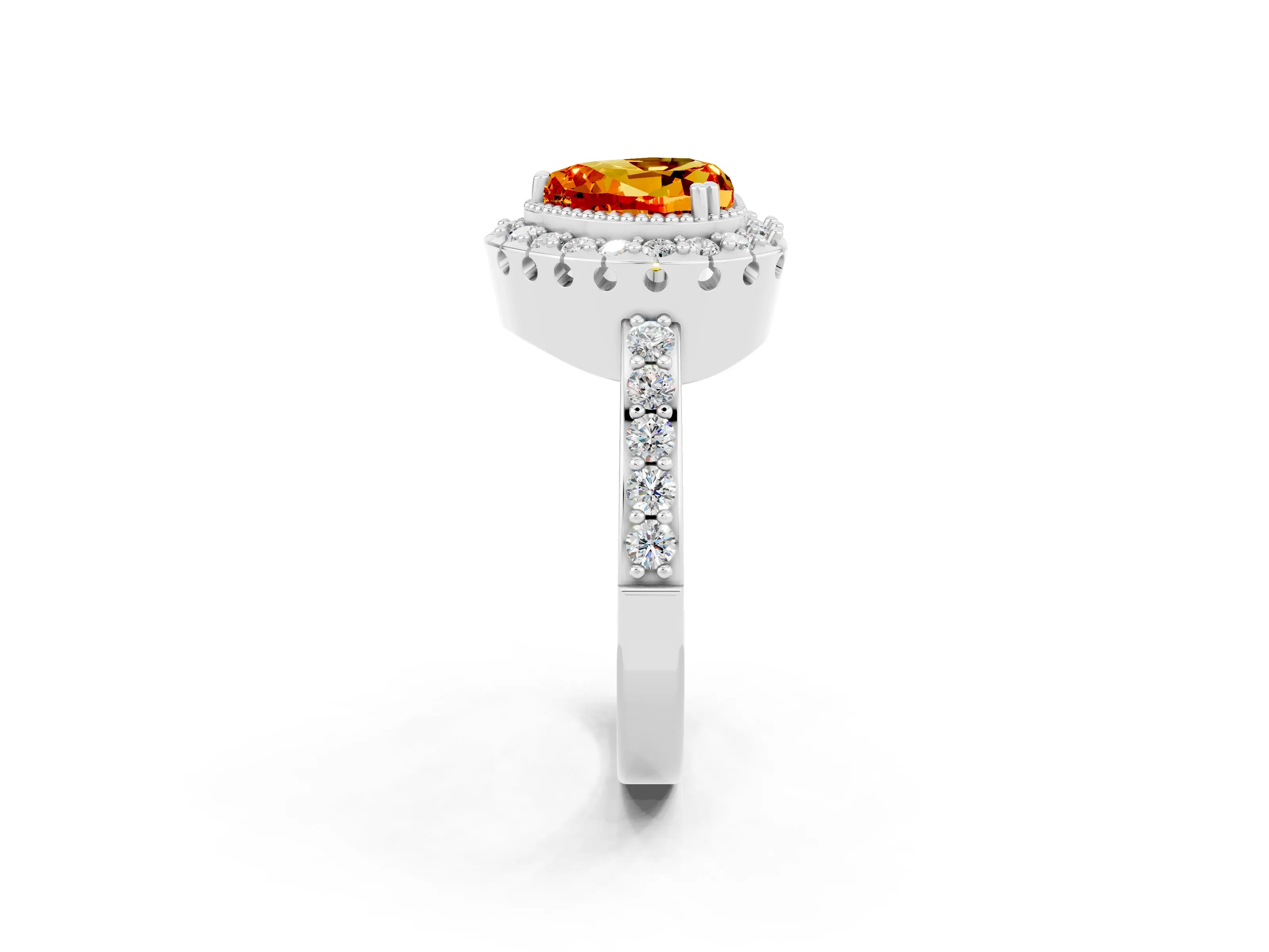 White gold Heart Cut Diamond Halo Ring with Pavé Band and Prong Setting_2