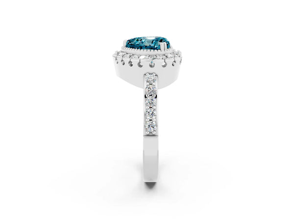 Silver Heart Cut Blue Topaz Halo Ring with Pavé Band and Prong Setting