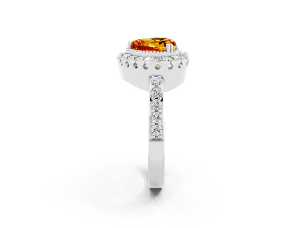 Platinum Heart Cut Citrine Halo Ring with Pavé Band and Prong Setting