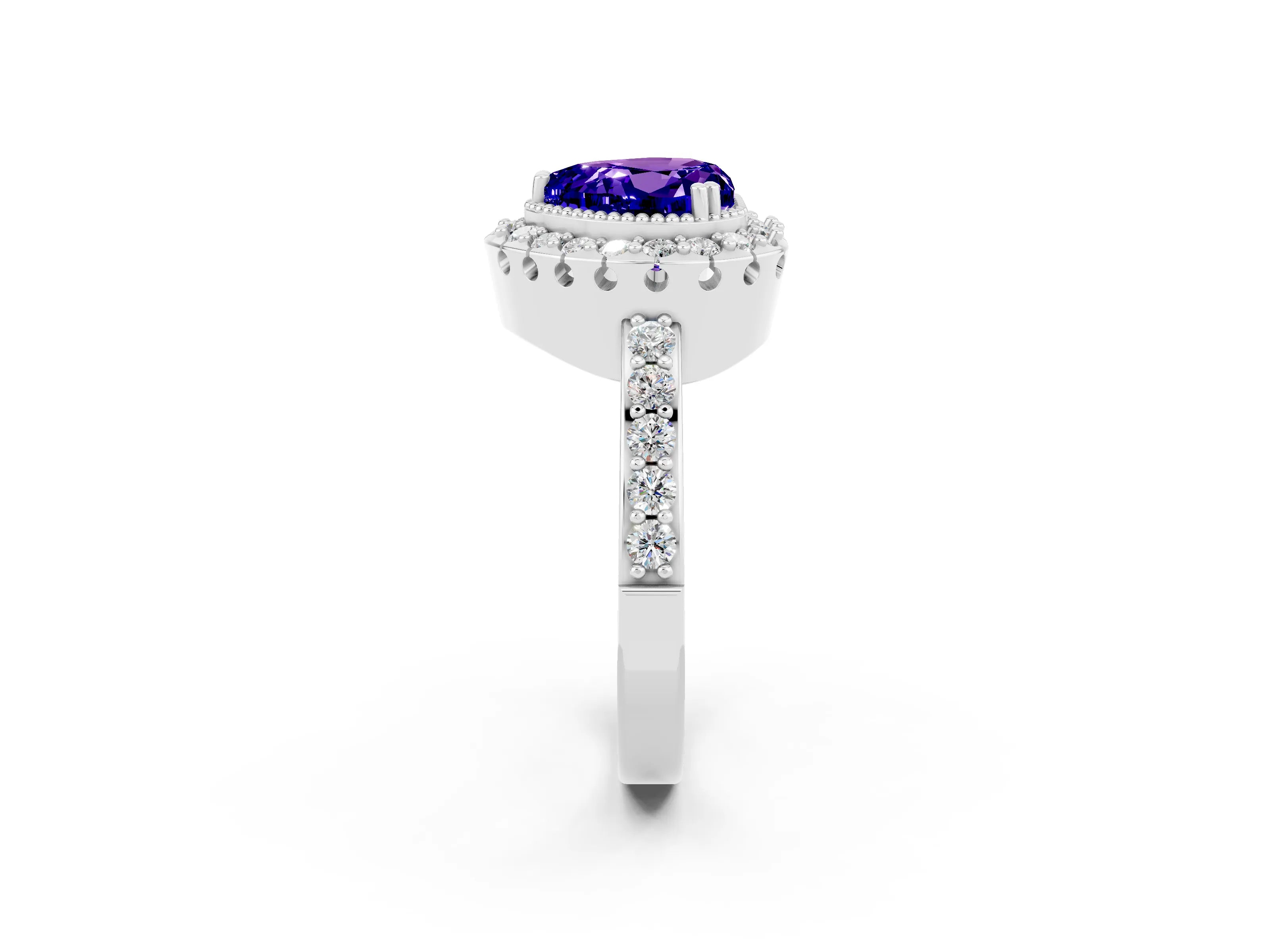 White gold Heart Cut Diamond Halo Ring with Pavé Band and Prong Setting_2