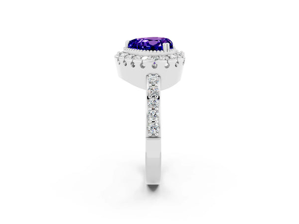 Silver Heart Cut Tanzanite Halo Ring with Pavé Band and Prong Setting