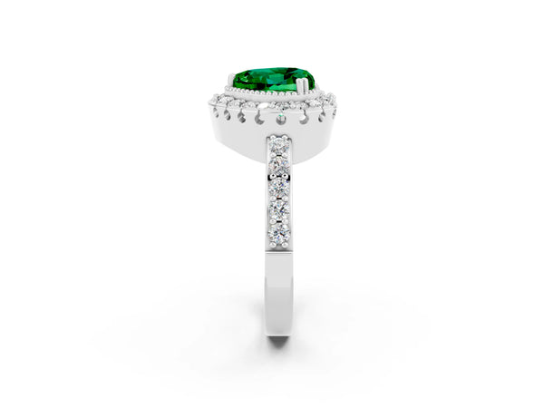Platinum Heart Cut Emerald Halo Ring with Pavé Band and Prong Setting